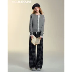 SomeSowe Lace Edge Plaid Casual Pants Black