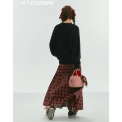 SomeSowe Lace Edge Plaid Drawstring Long Skirt Red