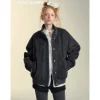 SomeSowe Lace Edge Stand Collar Tweed Jacket Dark Gray