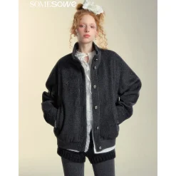 SomeSowe Lace Edge Stand Collar Tweed Jacket Dark Gray