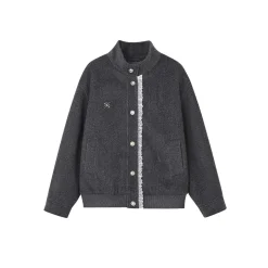SomeSowe Lace Edge Stand Collar Tweed Jacket Dark Gray