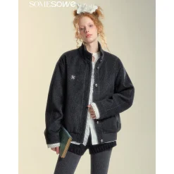 SomeSowe Lace Edge Stand Collar Tweed Jacket Dark Gray