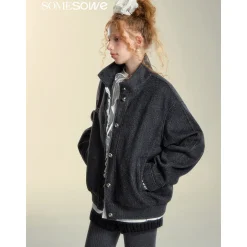 SomeSowe Lace Edge Stand Collar Tweed Jacket Dark Gray