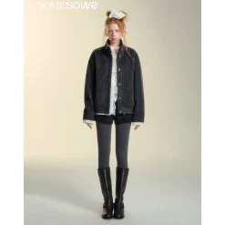 SomeSowe Lace Edge Stand Collar Tweed Jacket Dark Gray