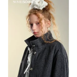 SomeSowe Lace Edge Stand Collar Tweed Jacket Dark Gray
