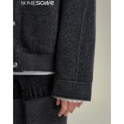 SomeSowe Lace Edge Stand Collar Tweed Jacket Dark Gray