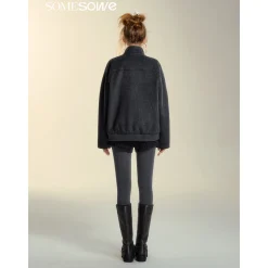 SomeSowe Lace Edge Stand Collar Tweed Jacket Dark Gray