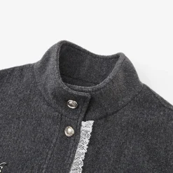 SomeSowe Lace Edge Stand Collar Tweed Jacket Dark Gray