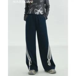 SomeSowe Lace Patchwork Bow Casual Pants Navy Blue