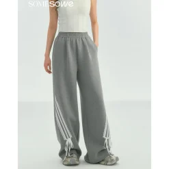 SomeSowe Lace Patchwork Bow Casual Pants Gray