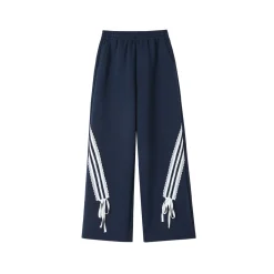 SomeSowe Lace Patchwork Bow Casual Pants Navy Blue