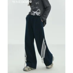 SomeSowe Lace Patchwork Bow Casual Pants Navy Blue