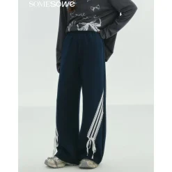 SomeSowe Lace Patchwork Bow Casual Pants Navy Blue