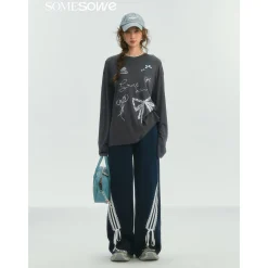 SomeSowe Lace Patchwork Bow Casual Pants Navy Blue