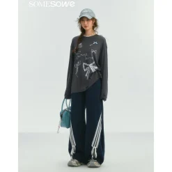 SomeSowe Lace Patchwork Bow Casual Pants Navy Blue