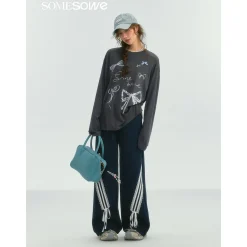 SomeSowe Lace Patchwork Bow Casual Pants Navy Blue