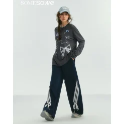 SomeSowe Lace Patchwork Bow Casual Pants Navy Blue