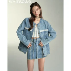 SomeSowe Lace Patchwork Denim Jacket Blue