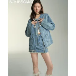 SomeSowe Lace Patchwork Denim Jacket Blue