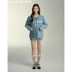 SomeSowe Lace Patchwork Denim Jacket Blue