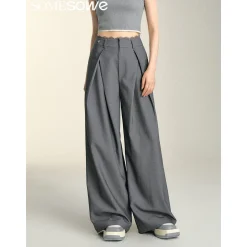 SomeSowe Lace Patchwork Pleated Suit Pants Gray
