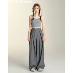 SomeSowe Lace Patchwork Pleated Suit Pants Gray