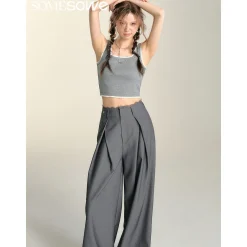 SomeSowe Lace Patchwork Pleated Suit Pants Gray
