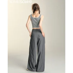 SomeSowe Lace Patchwork Pleated Suit Pants Gray