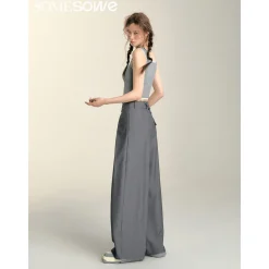 SomeSowe Lace Patchwork Pleated Suit Pants Gray