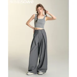 SomeSowe Lace Patchwork Pleated Suit Pants Gray