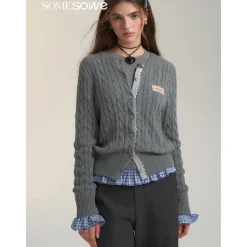SomeSowe Lace Patchwork Twist Knit Cardigan Gray