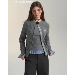 SomeSowe Lace Patchwork Twist Knit Cardigan Gray