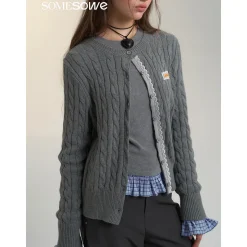 SomeSowe Lace Patchwork Twist Knit Cardigan Gray