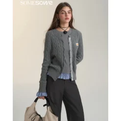 SomeSowe Lace Patchwork Twist Knit Cardigan Gray