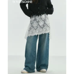 SomeSowe Lace Patchwork Wide-Leg Denim Pants