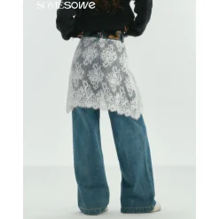 SomeSowe Lace Patchwork Wide-Leg Denim Pants