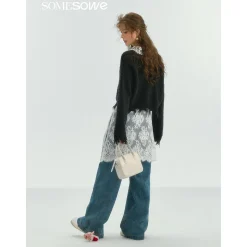 SomeSowe Lace Patchwork Wide-Leg Denim Pants