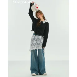 SomeSowe Lace Patchwork Wide-Leg Denim Pants