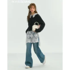 SomeSowe Lace Patchwork Wide-Leg Denim Pants