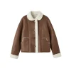 SomeSowe Lapel Leather Integrated Furry Short Jacket Brown