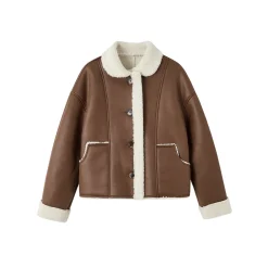 SomeSowe Lapel Leather Integrated Furry Short Jacket Brown