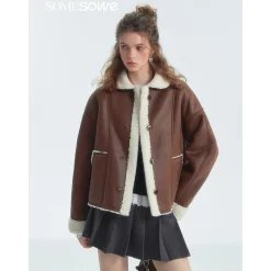SomeSowe Lapel Leather Integrated Furry Short Jacket Brown