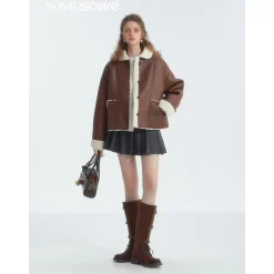 SomeSowe Lapel Leather Integrated Furry Short Jacket Brown