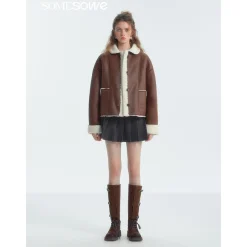 SomeSowe Lapel Leather Integrated Furry Short Jacket Brown