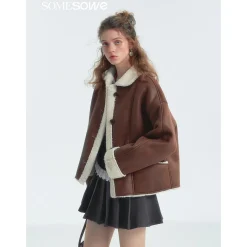 SomeSowe Lapel Leather Integrated Furry Short Jacket Brown