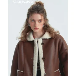 SomeSowe Lapel Leather Integrated Furry Short Jacket Brown