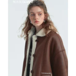 SomeSowe Lapel Leather Integrated Furry Short Jacket Brown