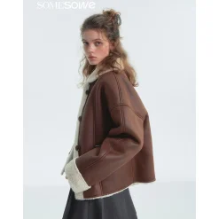 SomeSowe Lapel Leather Integrated Furry Short Jacket Brown