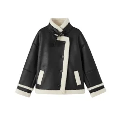 SomeSowe Leather Integrated Furry Locomotive Jacket Black