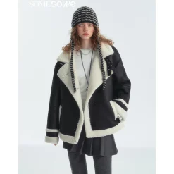 SomeSowe Leather Integrated Furry Locomotive Jacket Black